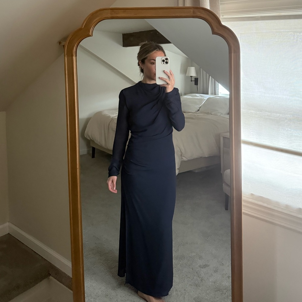 Navy Ribbed Sheath Dress with Turtleneck and Slit